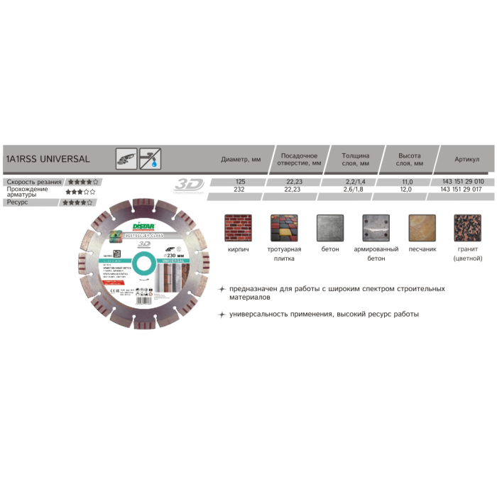 Distar - Ալմաստե կտրող սկավառակ  DISTAR 1A1RSS/C3-H 125x2.2/1,4x11x22,23-10 - 14315129010 - Ալմաստե Սկավառակներ