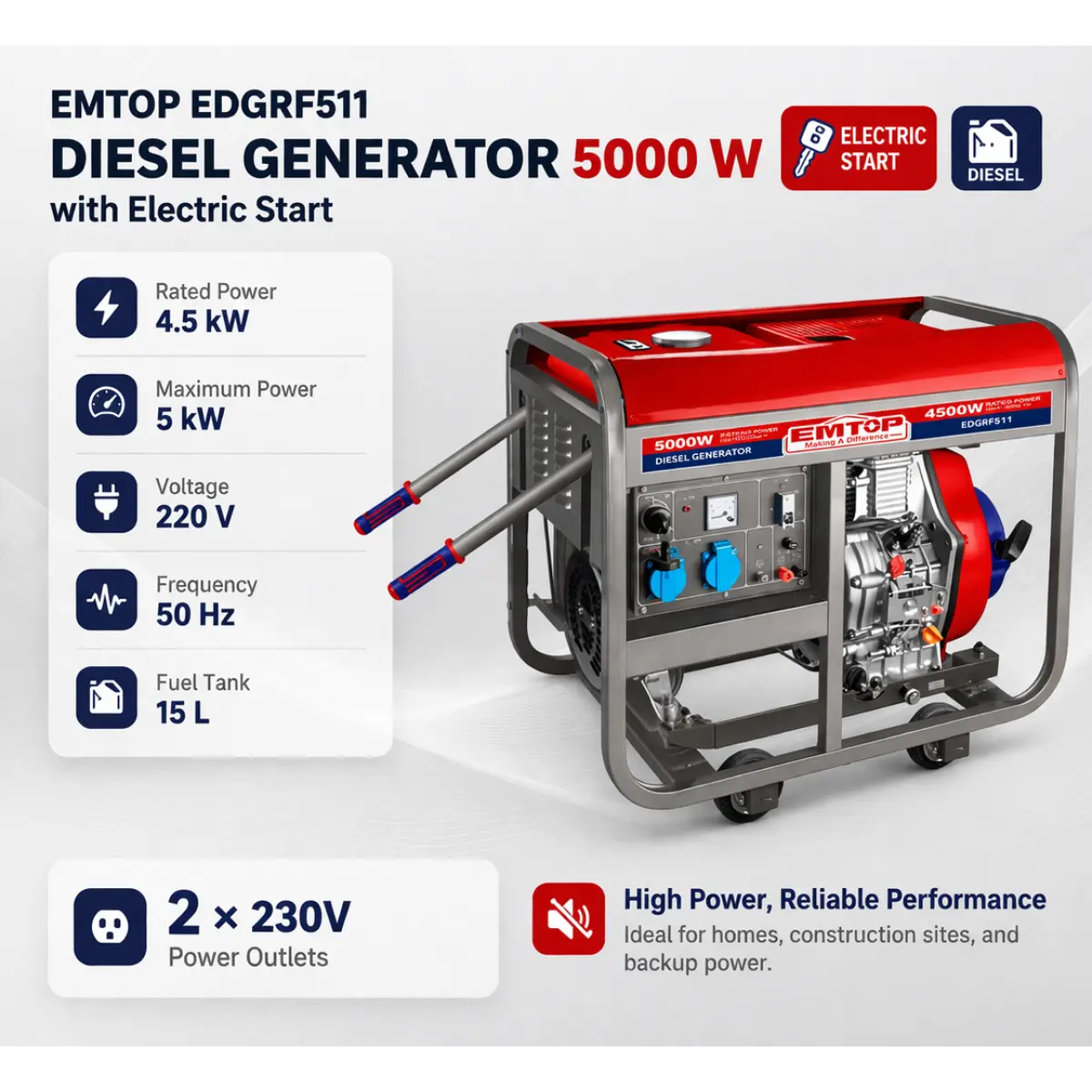 EMTOP EDGRF511 դիզելային գեներատոր էլեկտրական ստարտերով և անիվներով