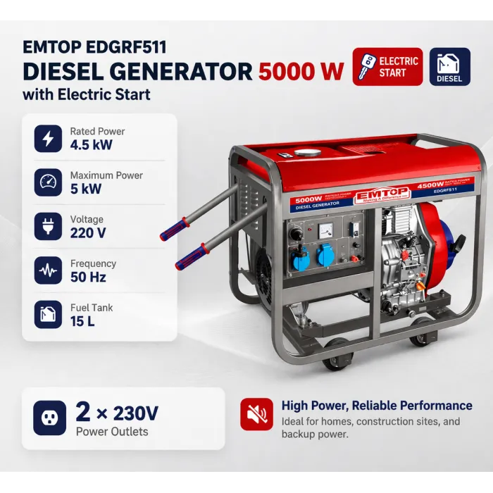 EMTOP EDGRF511 դիզելային գեներատոր էլեկտրական ստարտերով և անիվներով
