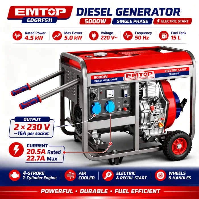 EMTOP EDGRF511 դիզելային գեներատոր էլեկտրական ստարտերով և անիվներով