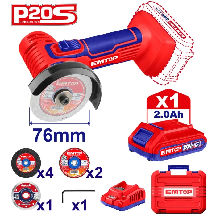 EMTOP  - Մարտկոցային Անկյունային Հղկող Մեքենա - (Փոքր Բալգարկա) |EMTOP ELAG76017 20Վ, 76մմ - ELAG7601 - ԱՀՄ (Բալգարկաներ)