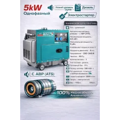 Դիզելային գեներատոր (մեկնարկիչով)  5000 Վտ TOTAL TP250001-1 ձայնամեկուսիչ կափարիչով ԱՓՀ(ATS) -ով