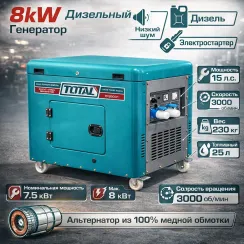 Դիզելային գեներատոր (մեկնարկիչով)  8000 Վտ TOTAL TP280001 ձայնամեկուսիչ կափարիչով
