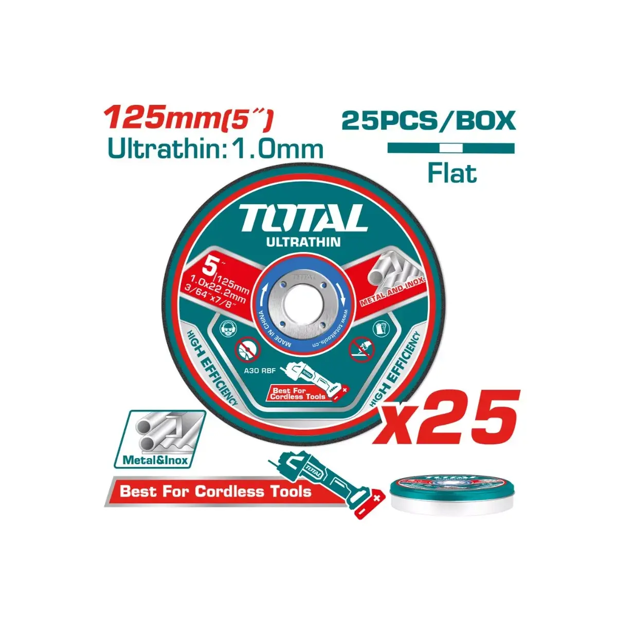 TotalTools - Մետաղ կտրող սկավառակ 125մմ 25 հատ / հավաքածու - TAC21012525 - Երկաթ Կտրող Սկավառակներ