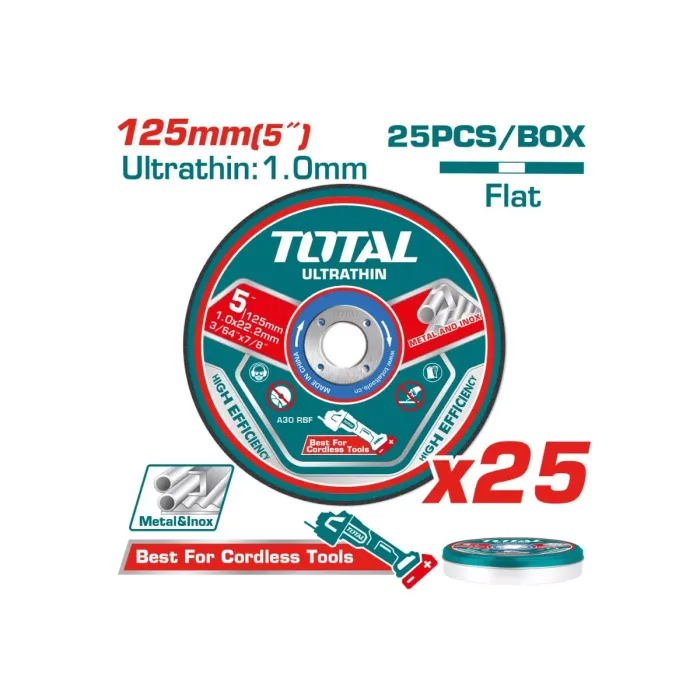 TotalTools - Մետաղ կտրող սկավառակ 125մմ 25 հատ / հավաքածու - TAC21012525 - Երկաթ Կտրող Սկավառակներ