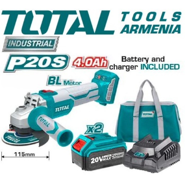 TotalTools - Անկյունային հղկող մեքենա (ԱՀՄ) - Բալգարկա մարտկոցով / Անխոզանակ շարժիչ / 20Վ / 4Ա / 115մմ / Արտադրական / INDUSTRIAL - TAGLI11522 - ԱՀՄ (Բալգարկաներ)