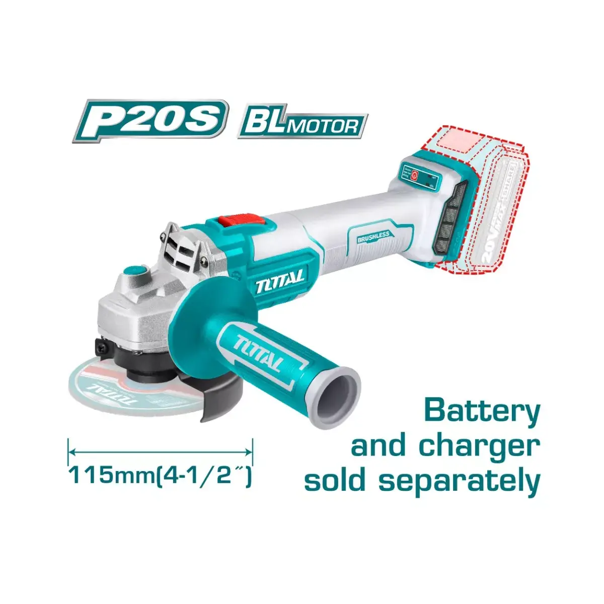 TotalTools - Անկյունային հղկող մեքենա (ԱՀՄ) - Բալգարկա մարտկոցով 20 Վ - TAGLI201158 - ԱՀՄ (Բալգարկաներ)