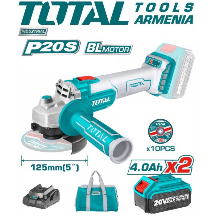 TotalTools - Անկյունային հղկող մեքենա (ԱՀՄ) - Բալգարկա մարտկոցով 20 Վ - TAGLI2012582 - ԱՀՄ (Բալգարկաներ)