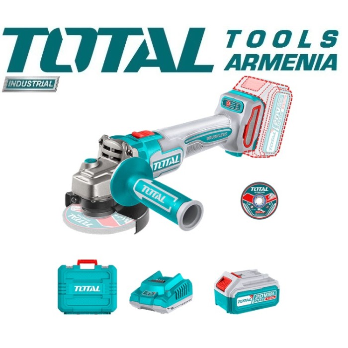 TotalTools - Լիթիում - իոնային Անկյունային Հղկող Մեքենա - Բալգարկա 20Վ - TAGLI211541 - ԱՀՄ (Բալգարկաներ)