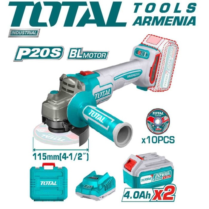 TotalTools - Լիթիում - իոնային Անկյունային Հղկող Մեքենա - Բալգարկա 20Վ - TAGLI211542 - ԱՀՄ (Բալգարկաներ)