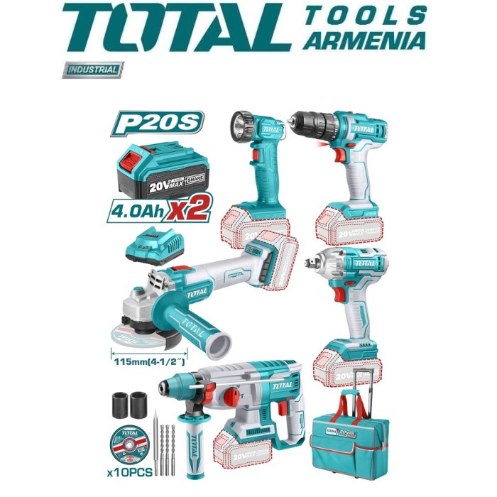 TotalTools - Լիթիում - իոնային համակցված արդյունաբերական հավաքածու 5 հատ - TCKLI2019 - Հորատիչներ