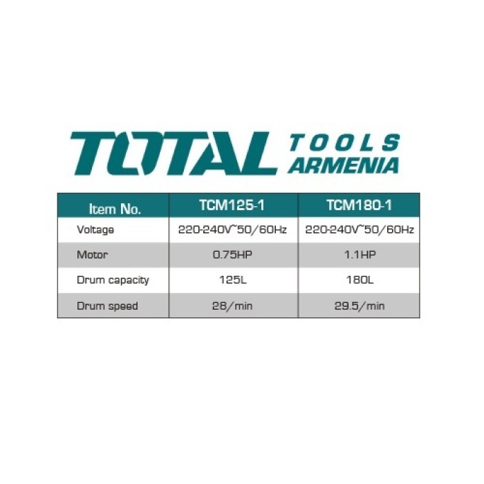 TotalTools - Բետոնխառնիչ 180 լ - TCM180-1 - Շինարարական խառնիչներ